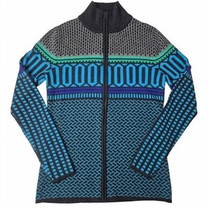 Krimson Klover 100% Merino Wool Full Zip Sweater Nordic Geometric Blue M